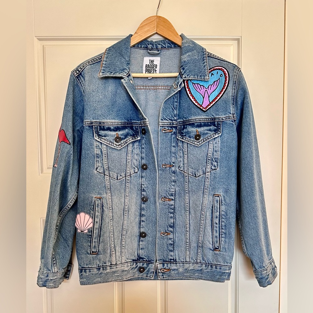 The Ragged Priest Oversized Denim Jacket With Mermaid Patches Size Small S